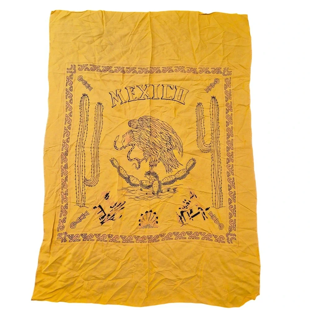 Vintage Mexico Souvenir Tapestry Yellow Eagle Snake Cactus Scarf 25x35